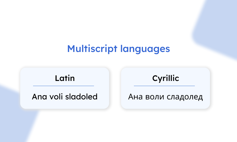 Illustration comparing multiscript languages by displaying the same phrase in Latin and Cyrillic scripts, highlighting localization support for different writing systems.