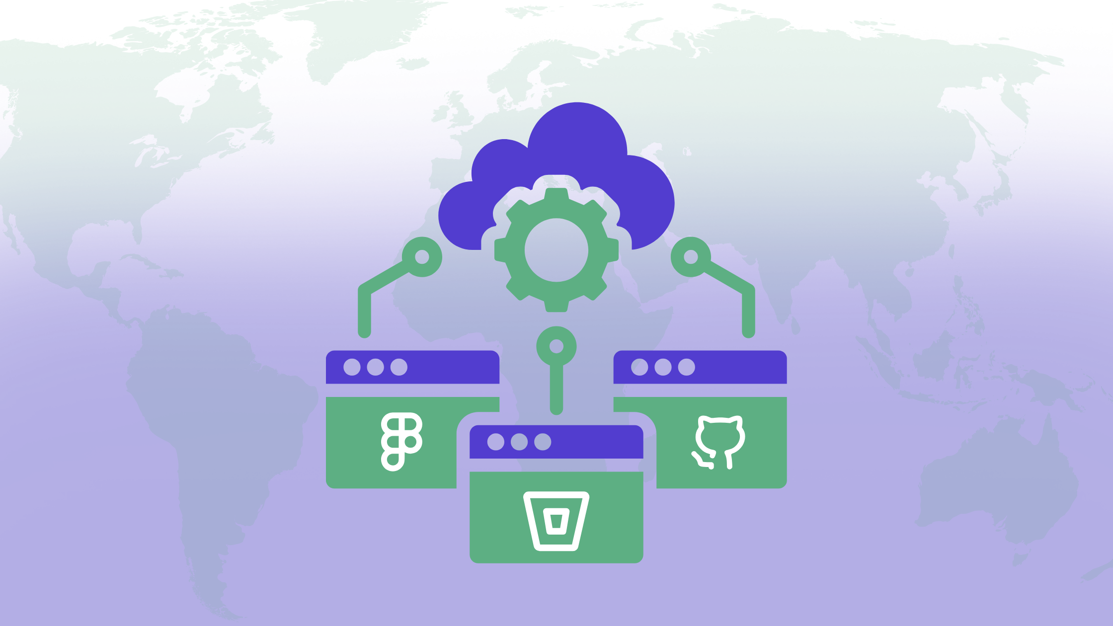 This picture depicts a cloud SaaS Translation management platform with a Figma, Bitbucket and GitHub integration shadowy.