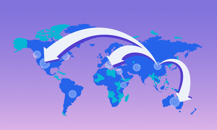 International expansion illustration showing a world map with location markers and large arrows indicating global market growth.