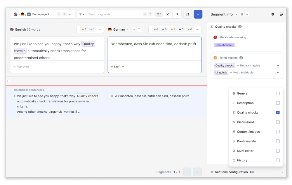 quality checks inside context panel