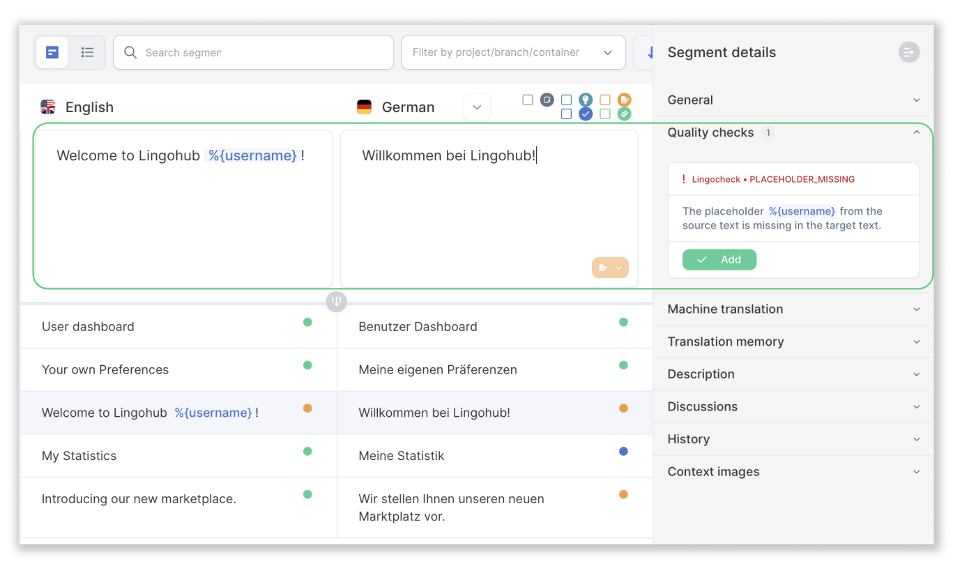 Screenshot of the LingoHub translation editor displaying English and German segments, with an automated quality check detecting a missing placeholder (%{username}) in the translation and highlighting the issue in the segment details panel.
