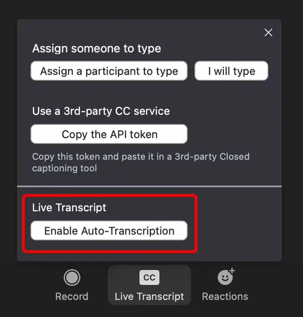 The second step is to enable auto transcription in the meeting