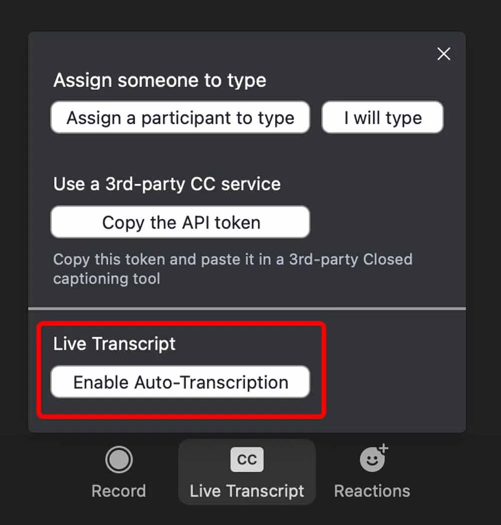 The second step is to enable auto transcription in the meeting
