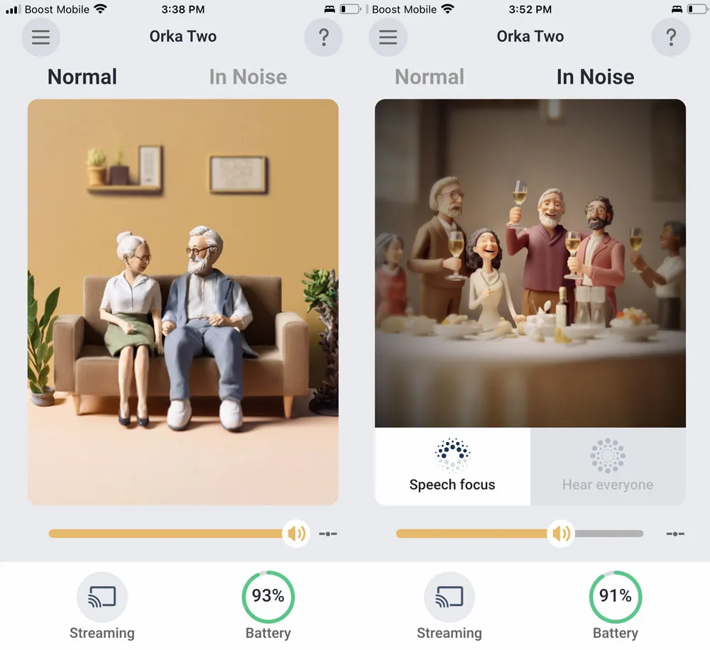 Orka’s Normal (left) and In Noise (right) programs that you can control within their app. 