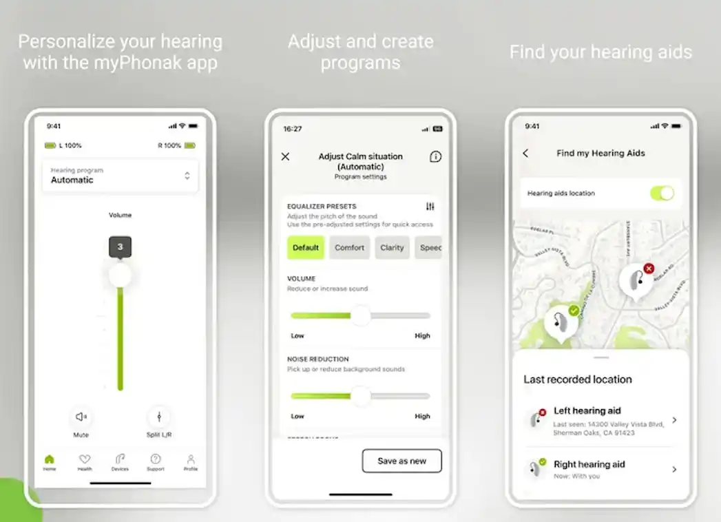 The myPhonak app allows you to control and customize compatible Phonak hearing aids, track certain fitness measures, and partake in remote telehealth visits with your clinician.