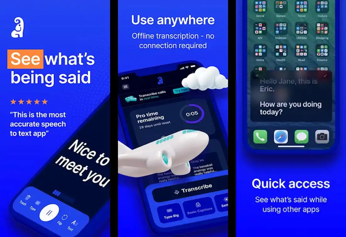 Two screenshots of Live Transcribe app controls