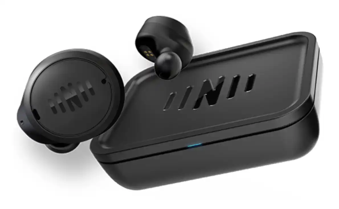 NuHeara IQBuds2 MAX earbuds and its TV streamer accessory (sold separately).