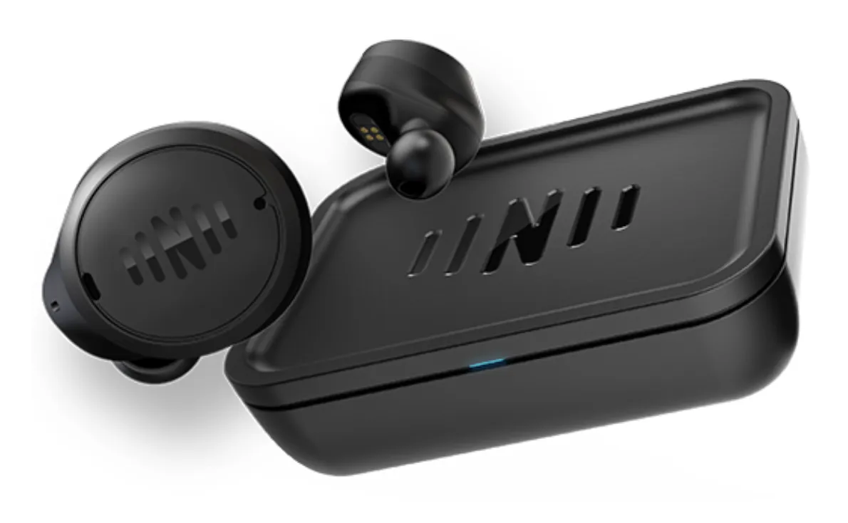 NuHeara IQBuds2 MAX earbuds and its TV streamer accessory (sold separately).