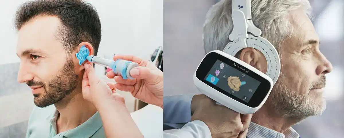 A custom earmold specially made for your unique ear canal can provide better hearing aid retention—with the possible side benefit of giving you better hearing aid performance. Shown are two techniques for taking ear impressions in the clinic.