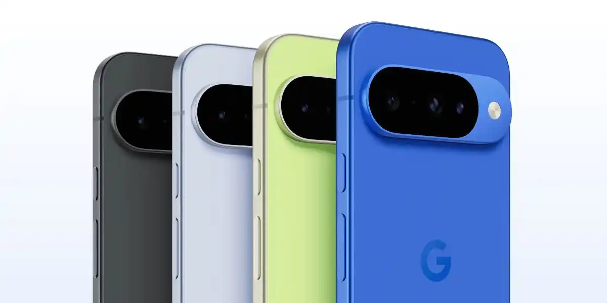 The Google Pixel 10 in its four color variations: obsidian, frost, lemongrass, and indigo.