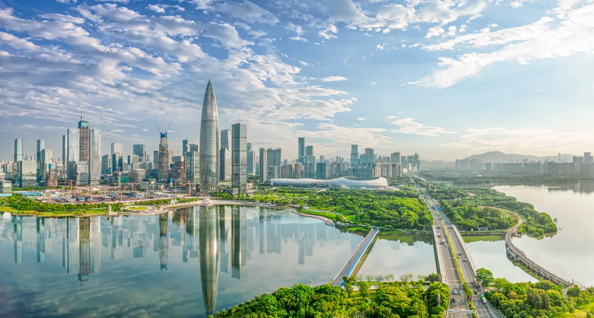 Aerial view of Shenzhen city skyline and river natural scenery. 