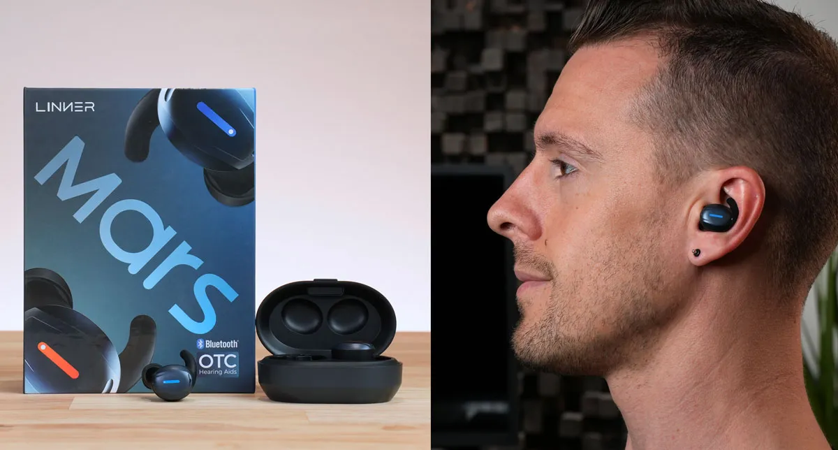 Linner Mars hearing aids in black with left and right markings
