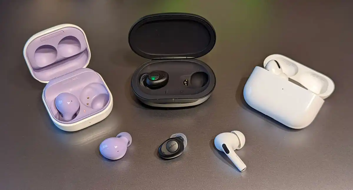 My pair of Jabra Enhance™ Plus hearing aids arrived last week. Here they are next to my AirPods Pro and Samsung Galaxy Buds 2.