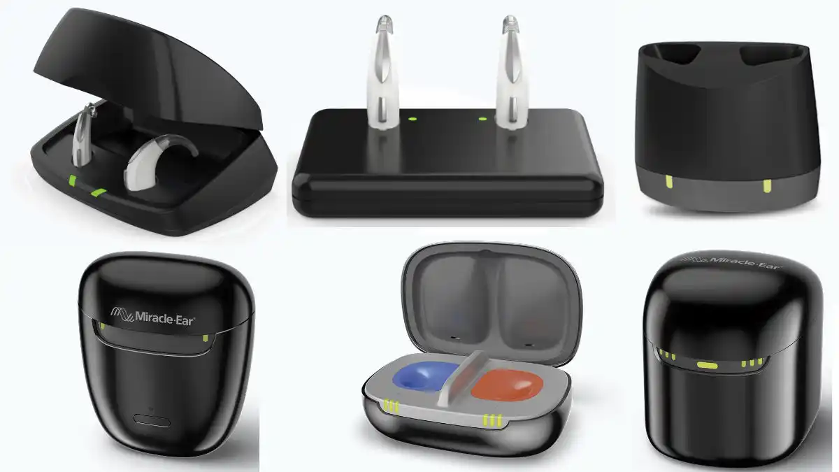 Photo of six different chargers for Miracle-Ear hearing aids