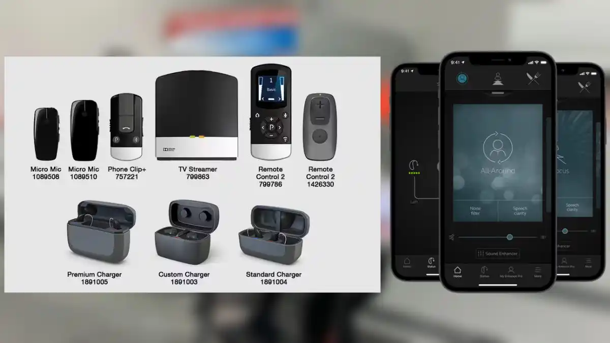 The Jabra Enhance Pro product line has wireless accessories like remote microphones and a TV streamer (left). The Enhance Pro app (right) allows for control of the hearing aids and options for remote adjustments and video calls with the hearing care professional.