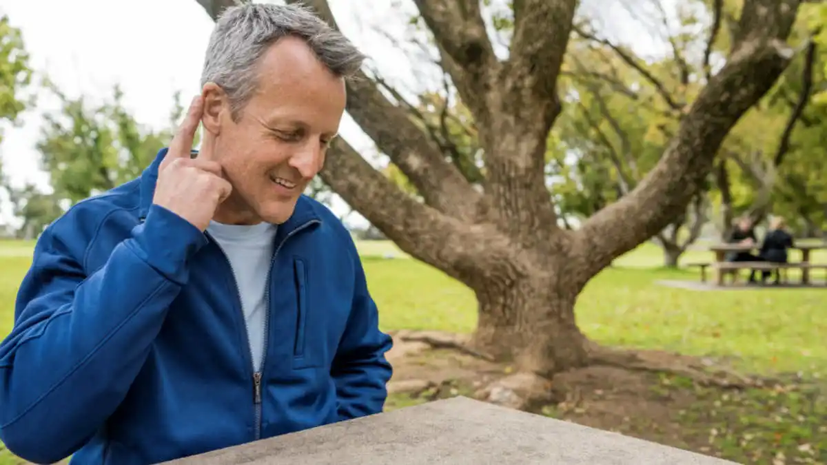 Man tapping Beltone Serene hearing aid to accept phone call