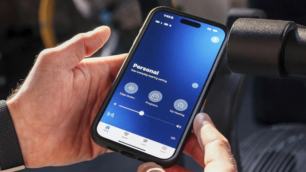 The Home Tab in the My Starkey app is where you can make quick volume and program changes, activate Edge Mode+, and navigate to other sections of the app.