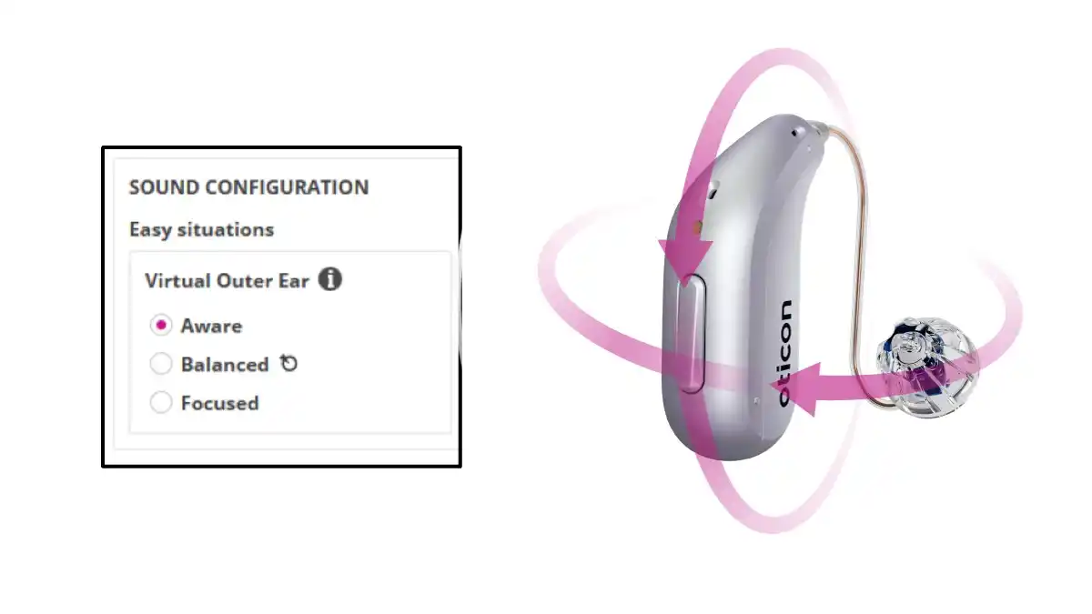 The Virtual Outer Ear setting for Easy Situations in the fitting software can be adjusted by your hearing provider to be more Aware of the world around you, be Focused on speech in front of you, or have a Balance between these settings.