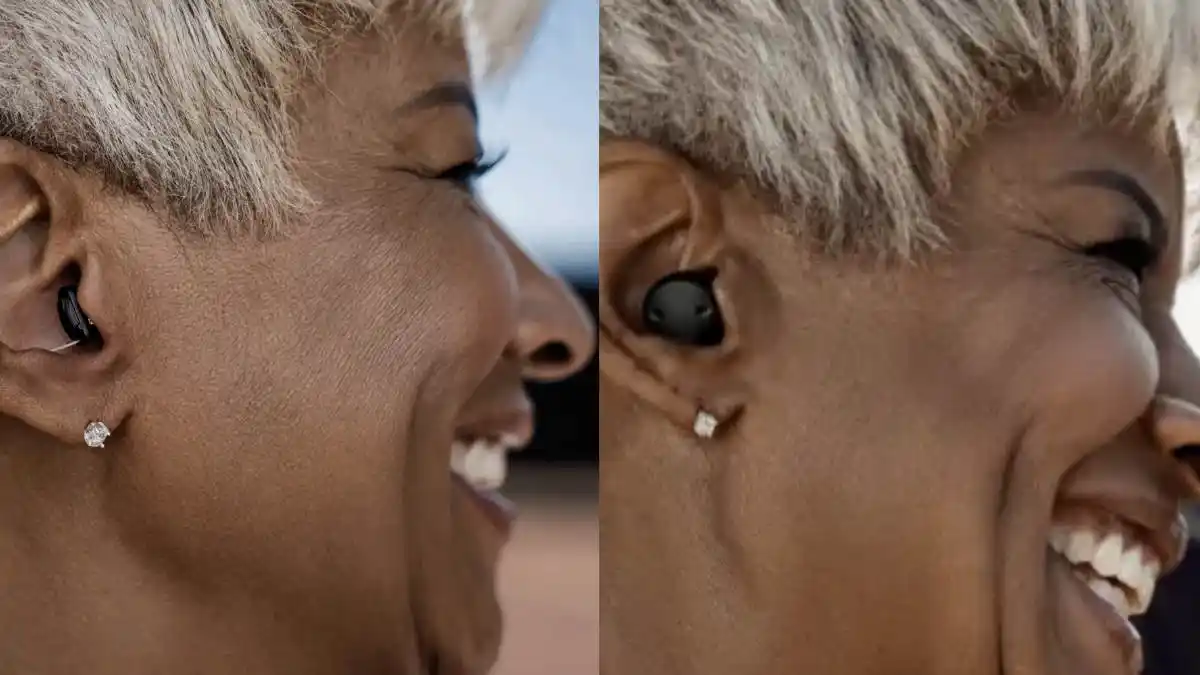 Split image of discreet CRE-C10 CIC versus noticeable CRE-E10 earbud