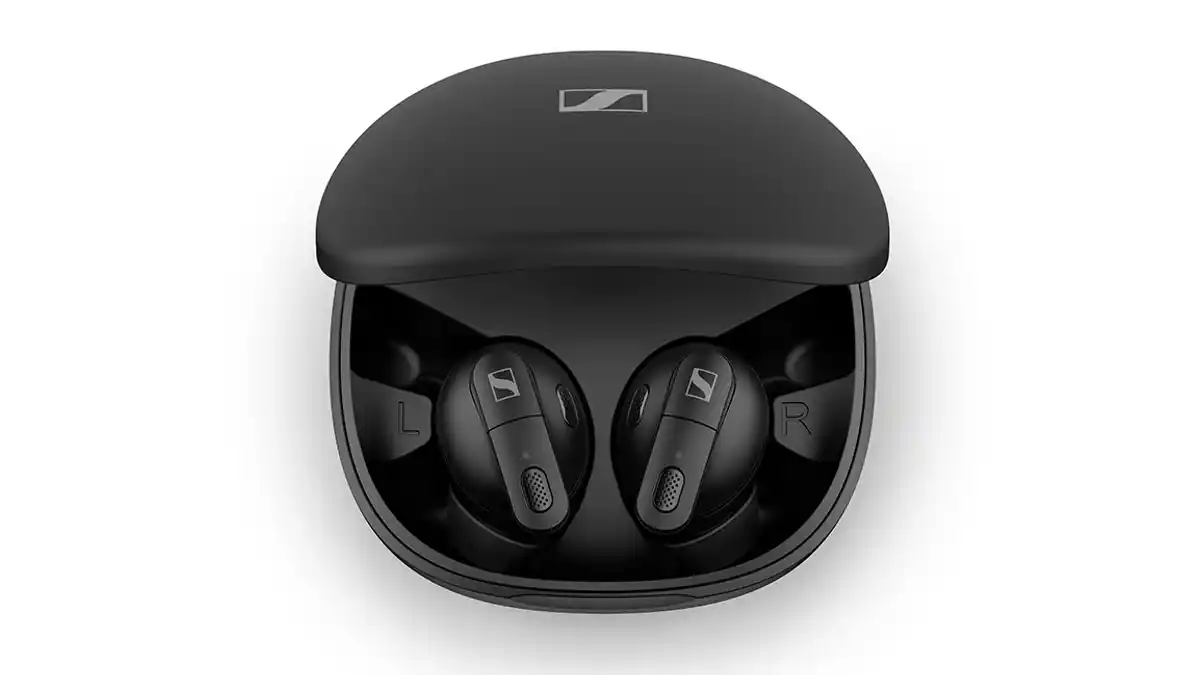 Sennheiser Conversation Clear Plus earbuds and charging case.