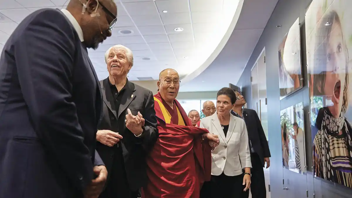 Actor and UNESCO envoy Forest Whitaker, Bill Austin, the Dalai Lama, and Tani Austin took part in a panel discussion about compassion, giving, and leadership at Starkey's Minneapolis headquarters in June 2017.
