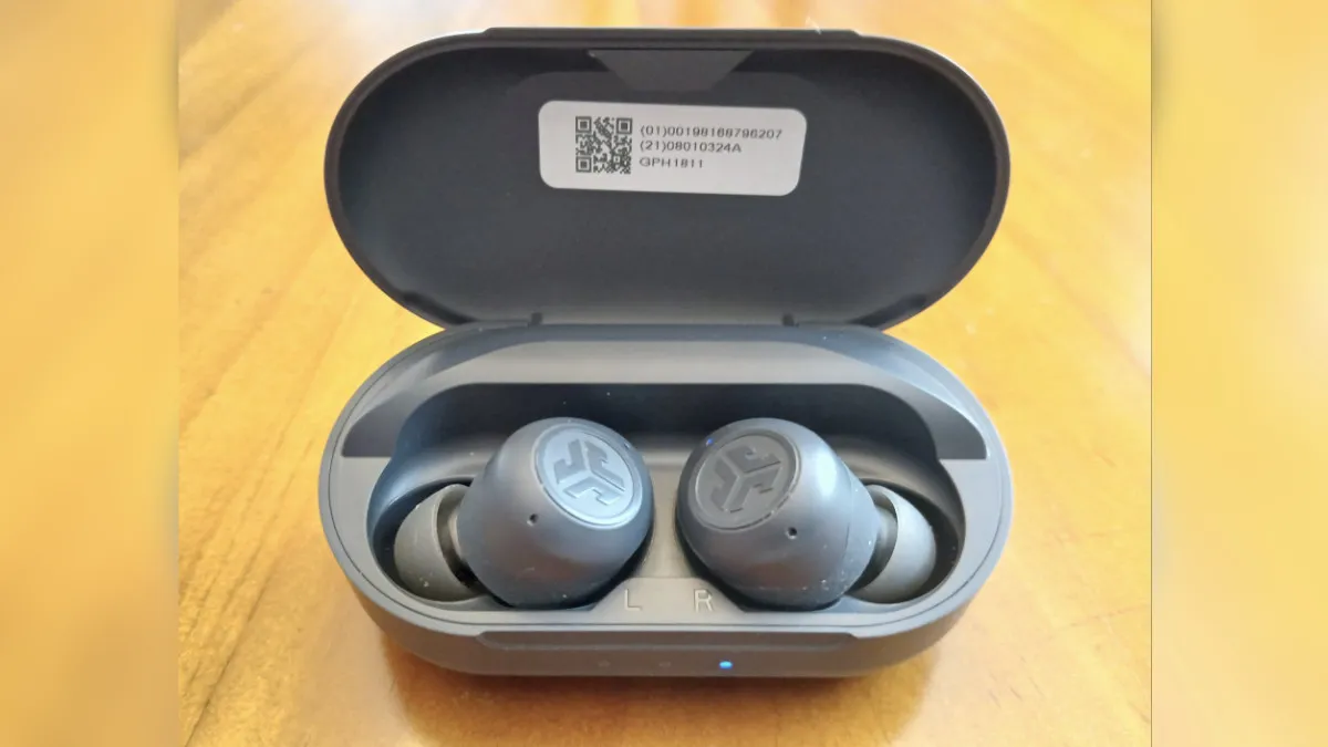 JLab Hear OTC hearing aids in charging case.