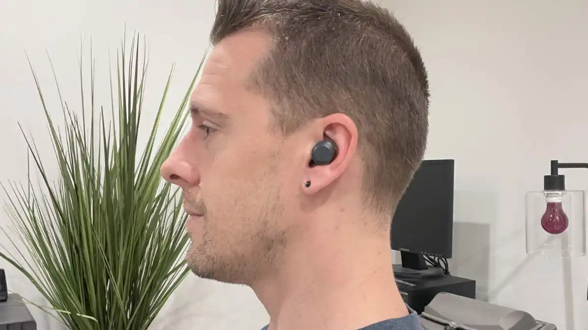 Here's how the JLab HEAR OTC hearing aid looks on my ear.