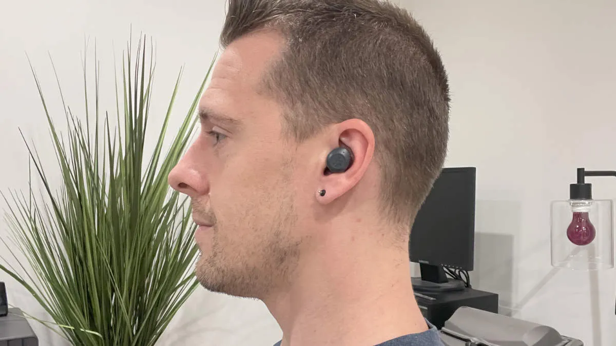 Here's how the JLab HEAR OTC hearing aid looks on my ear.