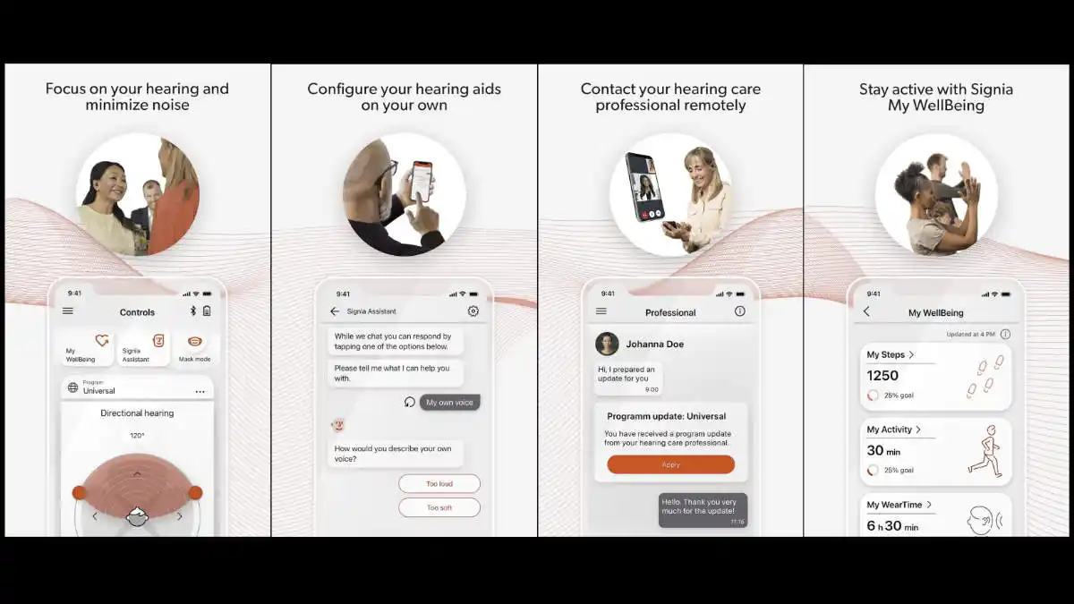 Facets of the Signia app include (l to r) the ability to adjust the microphone directionality of the device, use of the AI-powered Signia Assistant, telecare and remote assistance, and the Signia My Wellbeing feature.