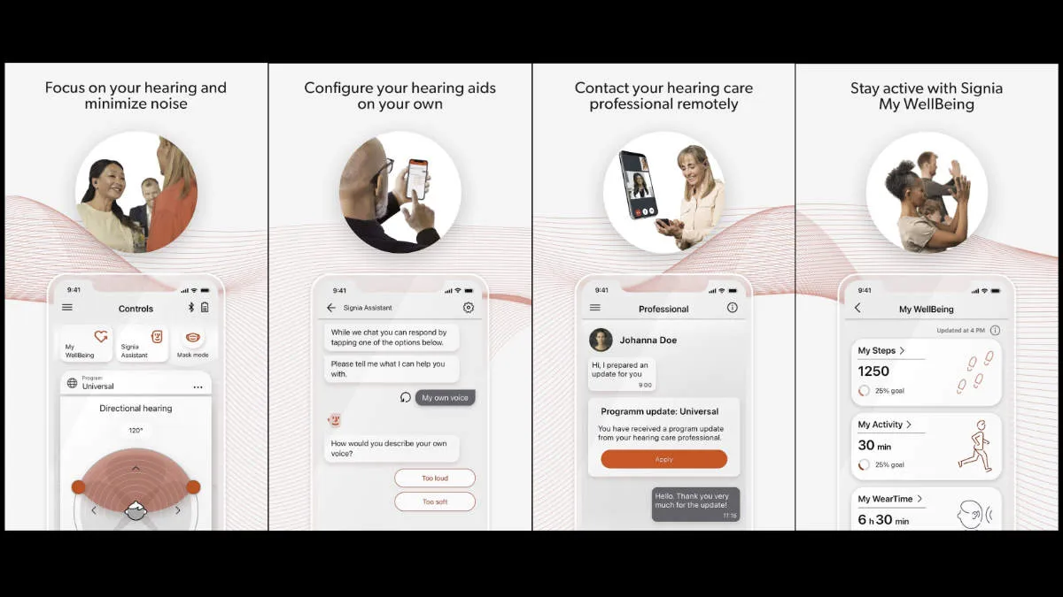 Along with volume and program changes, the Signia App lets you control the directionality of the hearing aid, configure and personalize your programs using the AI-driven Signia Assistant, contact your hearing provider by video, text or phone, and monitor your activity levels with the My WellBeing feature. 