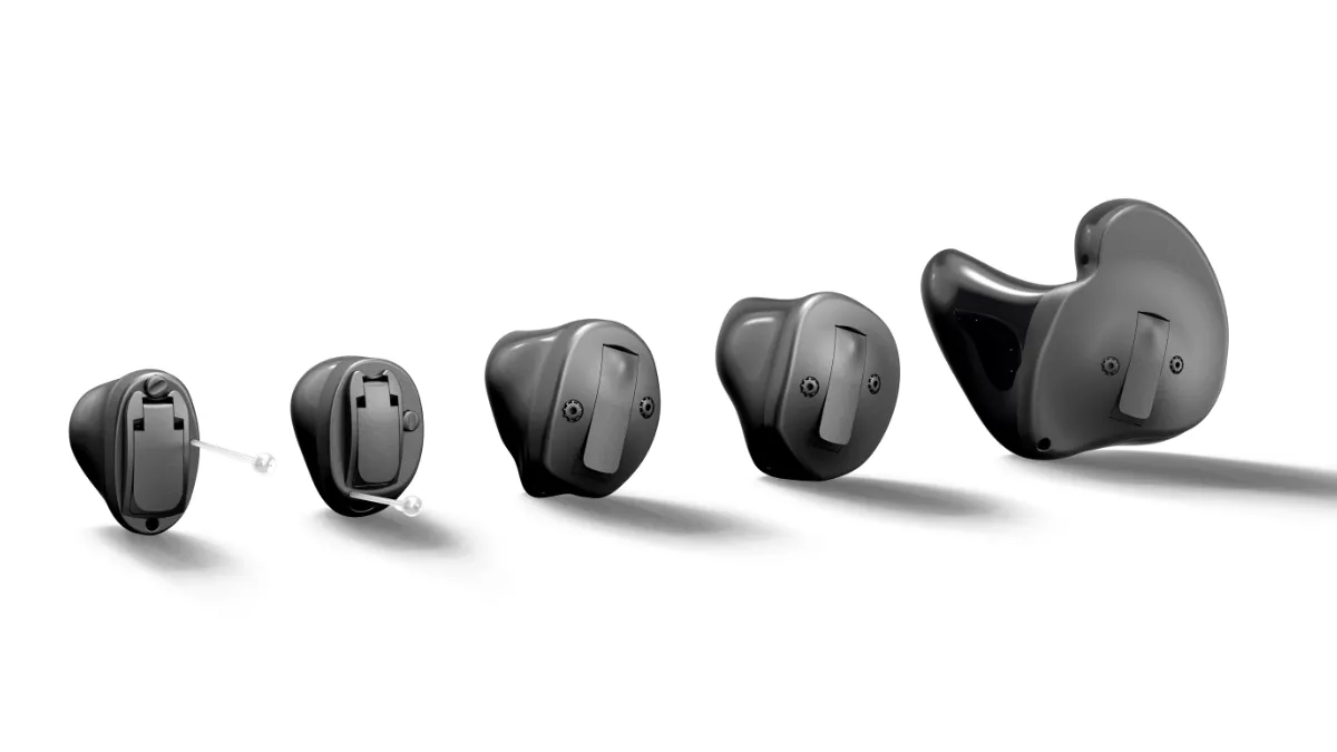 Oticon Own custom in-ear hearing aids come in (l to r) invisible-in-canal (IIC), complete-in-canal (CIC), in-the-canal (ITC), and half-shell and full-shell In-the-ear (ITE) styles.