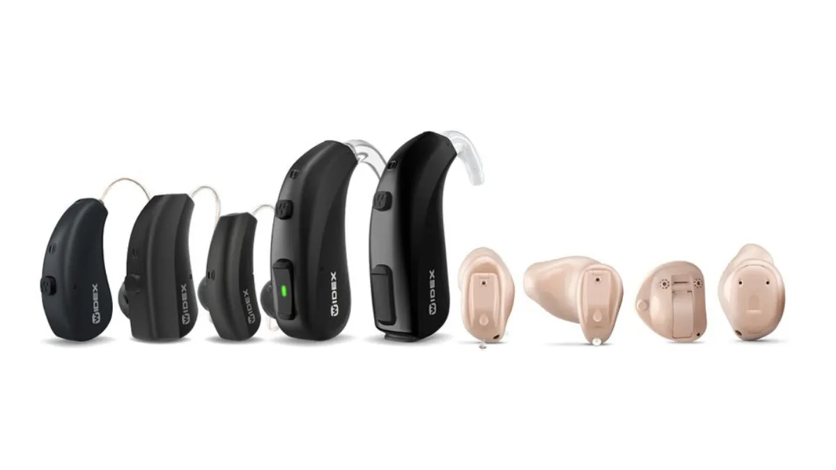 The Widex MOMENT product line showing (l to r) the  SHEER rechargeable Receiver-in-Canal (RIC), RIC 312 D, and small RIC 10; the rechargeable Behind-the-Ear (BTE R) and BTE 13 D; followed by in-ear options of the Completely-in-Canal (CIC) Micro, In-the-Canal (ITC), In-the-Ear (ITE), and XP ITE. 