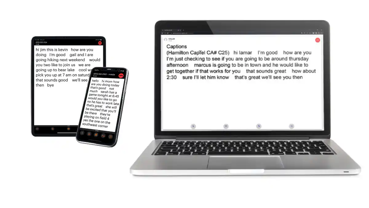 Captioned phone calls can also be displayed on a compatible smartphone or tablet (left) or computer screen (right). Photo credit: Hamilton CapTel.