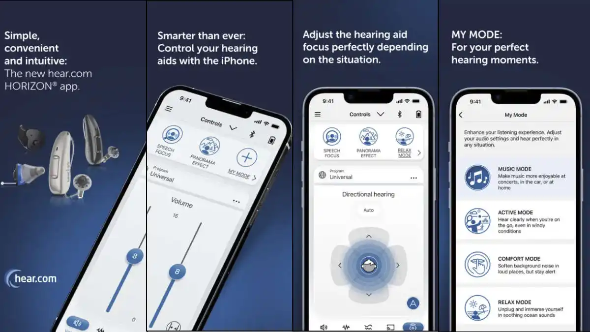 Screenshots of the hear.com Horizon app controls.