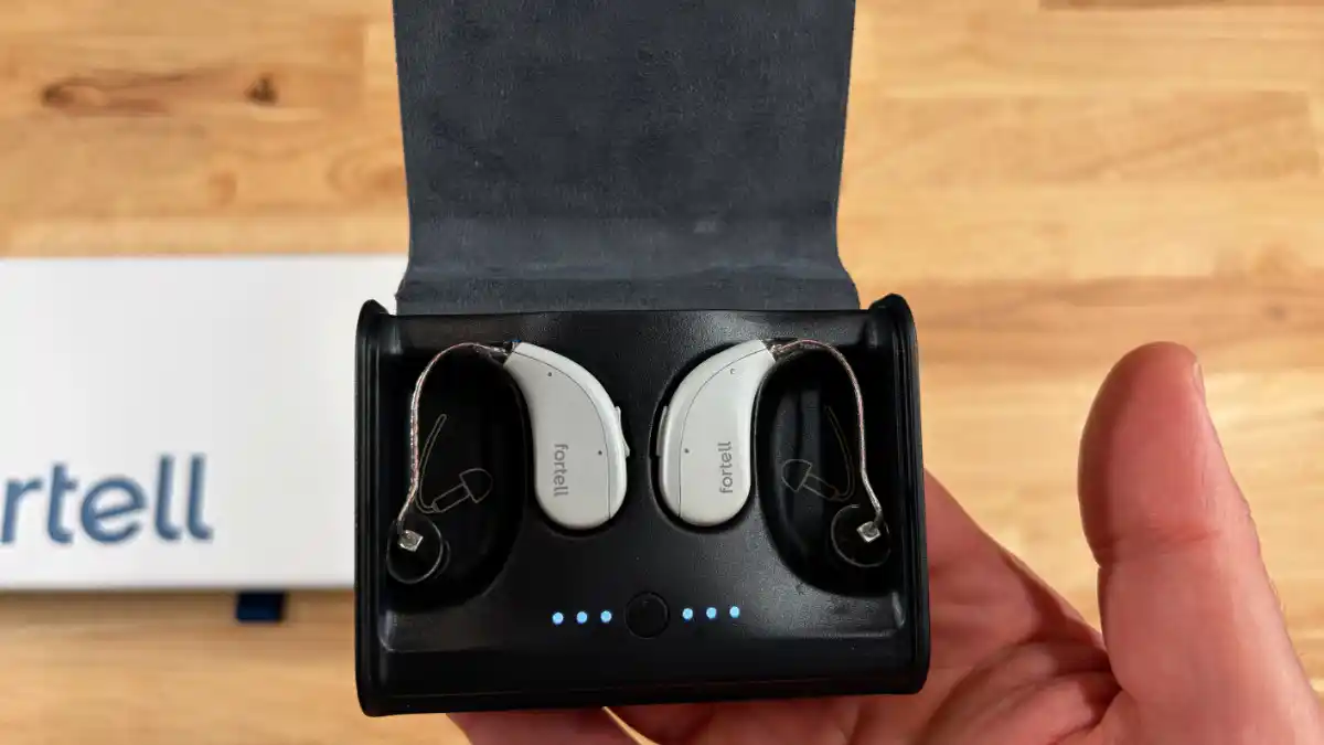 Fortell hearing aids in charger in HearAdvisor lab