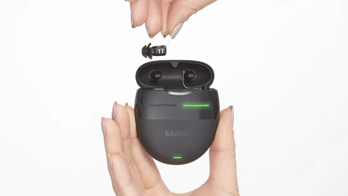 Eargo 8 with portable charger that carries up to 14 full recharges, the most in its class.