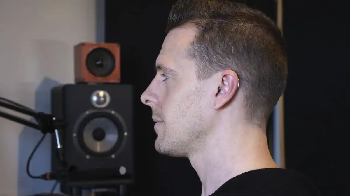 How the Jabra Enhance Select 300 looks on my ear, as I was assessing its comfort and sound quality. 