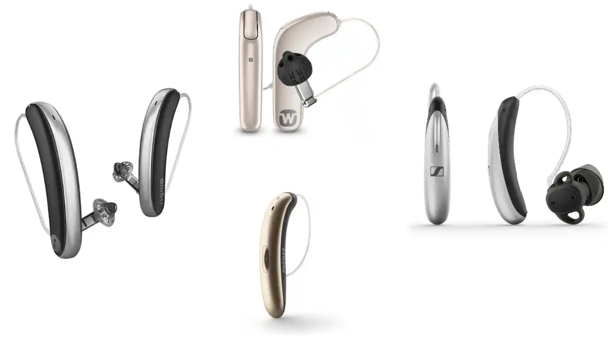 Produkte im Slim-RIC-Stil umfassen (im Uhrzeigersinn von links) das Signia Styletto IX, Widex SmartRIC, Sennheiser All-Day Clear Slim und Phonak Slim. Beachten Sie, dass das Sennheiser All-Day Clear Slim ein rezeptfreies (OTC) Hörgerät ist. Hörgeräte nicht maßstabsgetreu dargestellt.