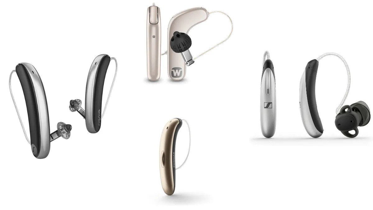 Slim RIC style products include (clockwise from left) the Signia Styletto IX, Widex SmartRIC, Sennheiser All-Day Clear Slim, and Phonak Slim. Note that the Sennheiser All-Day Clear Slim is an over-the-counter (OTC) hearing aid. Hearing aids not shown to scale.