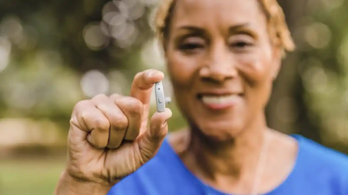 Woman in background hold Beltone Serene RIE hearing aid