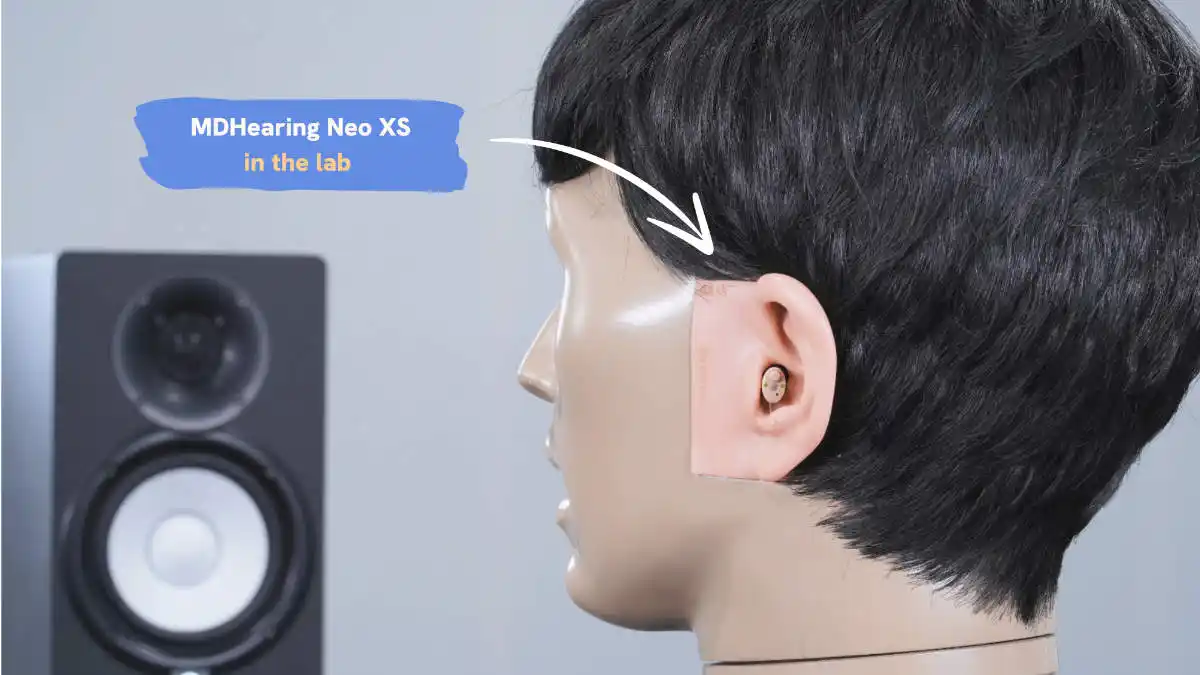 MDHearing Neo XS situated on the KEMAR test manikin in the HearAdvisor lab. 