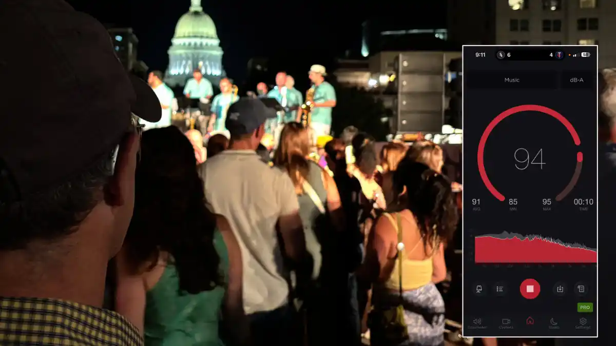 During my experience with Phonak EON Sphere, I listened to a band performing Latin music on the Menona Terrace in Madison, Wisc, and I was impressed by the hearing aids' sound quality. The inset shows a reading from my sound meter app where the peak sound intensity reached 95 dB.