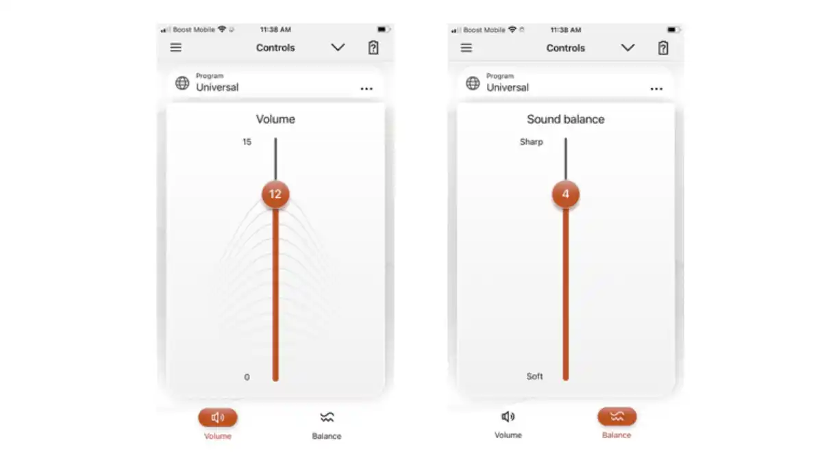 Smartphone screenshots of Volume and Sound Balance Controls for Signia Silk IX hearing aids.