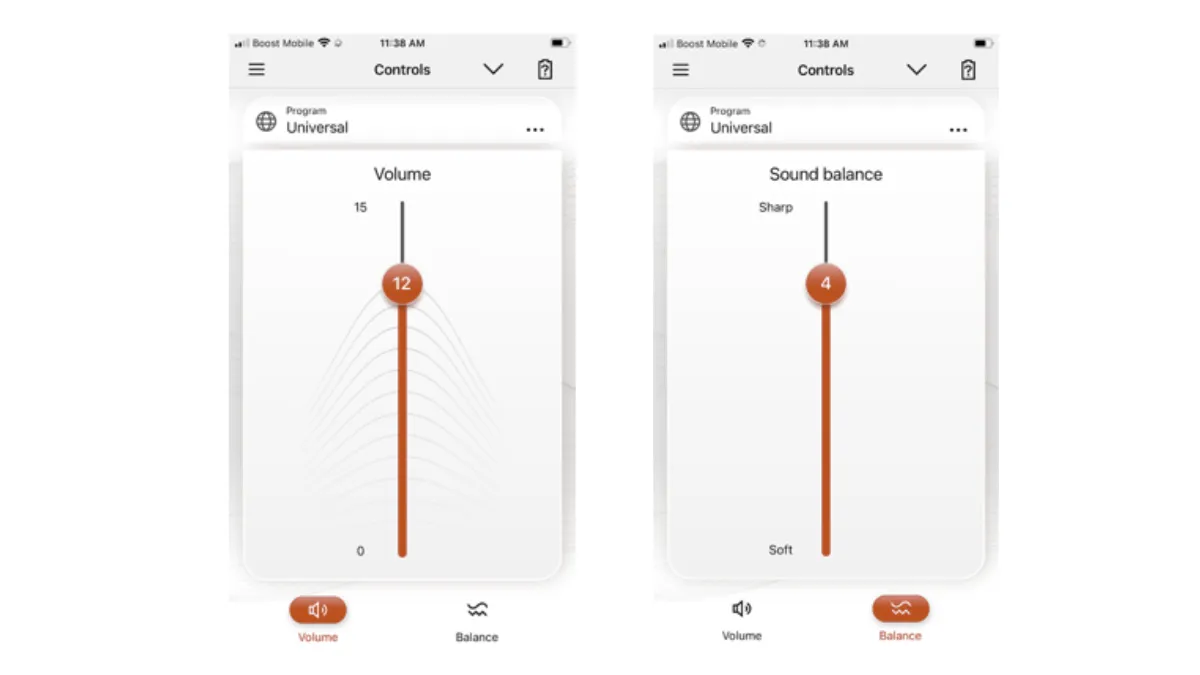 Smartphone screenshots of Volume and Sound Balance Controls for Signia Silk IX hearing aids.