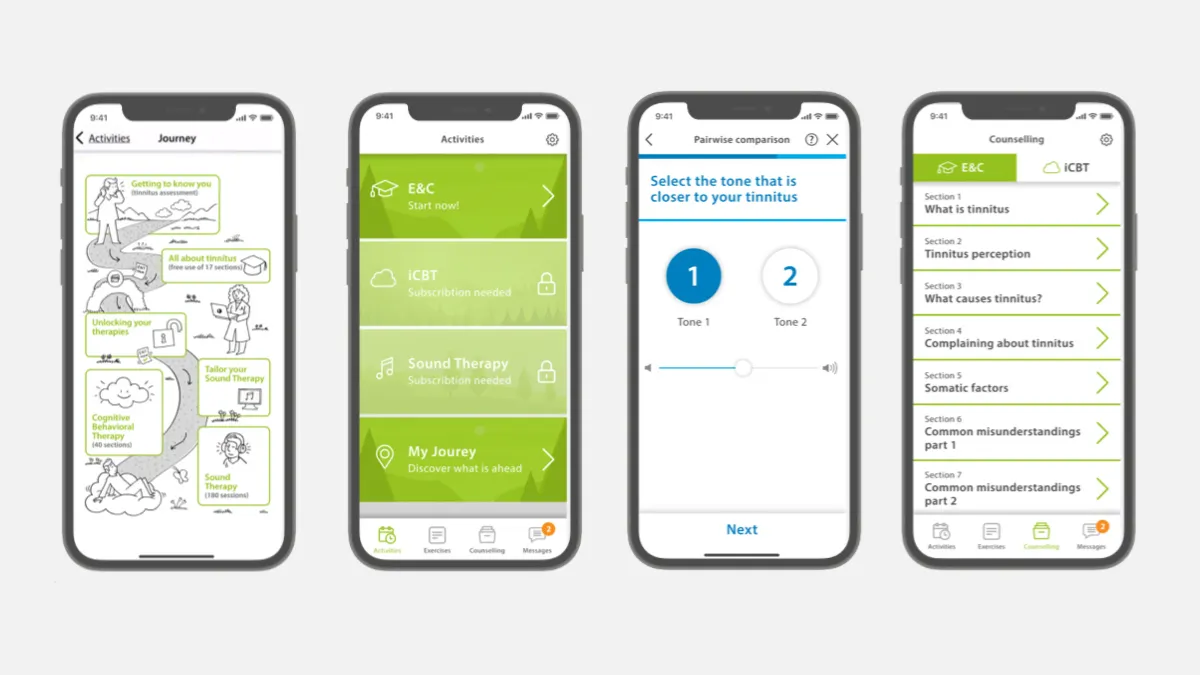 Design as a powerful tool for self-paced tinnitus management, Sonova's SilentCloud app offers a combination of therapies.