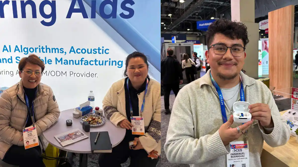 Left: Jinghao's Shine Wang and Audiologist Michelle Zhong. Right: Emmanuel Rodriguez shows off the tiny Ceretone Core One Pro invisible-in-canal (IIC) rechargeable with charging case.