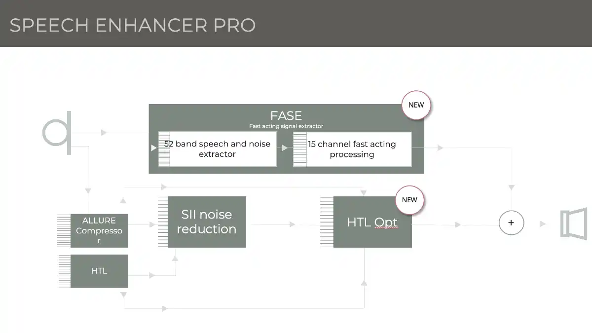 A schematic of the Widex Speech Enhancer Pro Processing system. Input sound is fed from the directional microphones into a 52-band fast-acting filter bank that is then split into 15 channels for Speech Intelligibility Index (SII) optimization.
