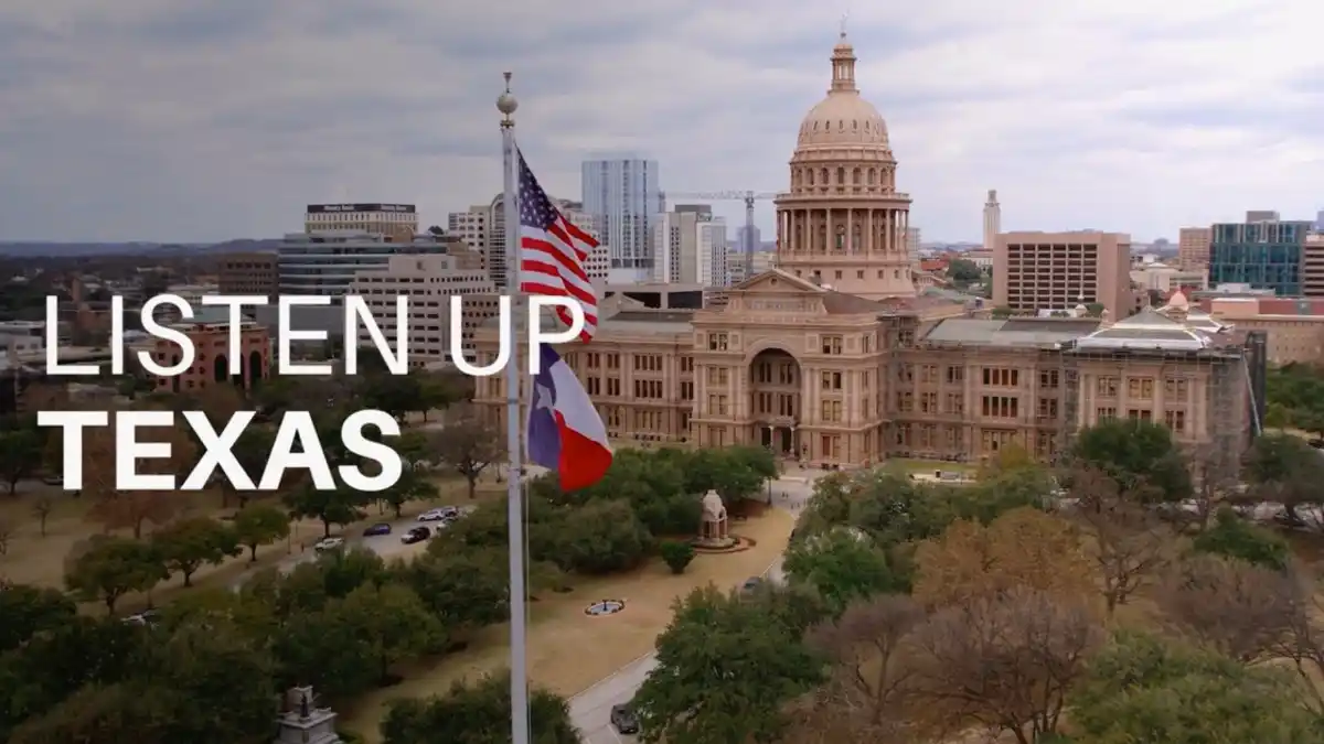 Image of Listen Up Texas video PSA (available on Vimeo at https://vimeo.com/1208476992).