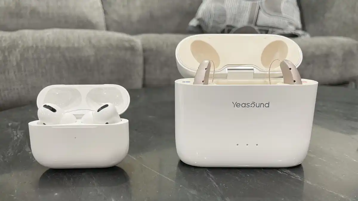 Yeasound charger (on right) versus the charger for Apple Airpods Pro 2. The Yeasound's case is robust, but is likely too large to travel in your pocket.