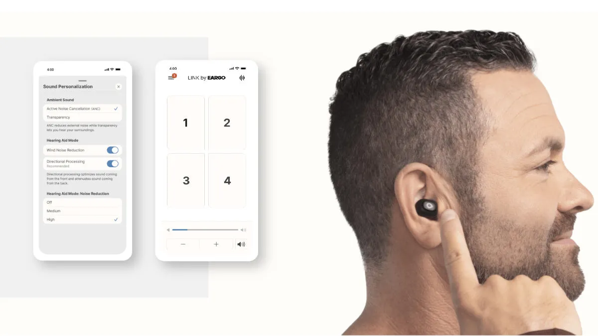 The new Link by Eargo mobile app gives you more in-app customization options in addition to the tap controls. For example, you can activate or deactivate Wind Noise Reduction and Active Noise Cancellation, and also increase or decrease volume by 6 dB in each program.